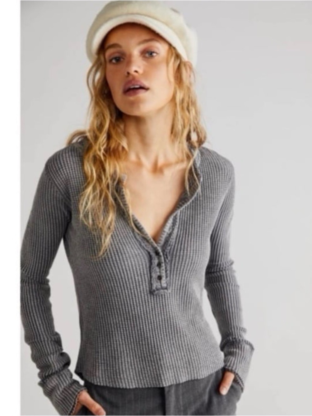 Free People Gray Waffle Knit Henley Long Sleeve Top
